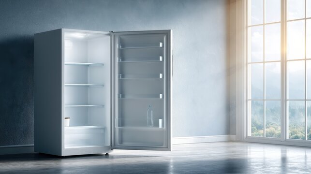 Bright, modern kitchen, empty fridge. Only water & small container. Scarcity, inflation, financial worry, minimalism