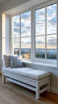 A modern apartment window has taped glass protection strips, with a cloudy sky outside