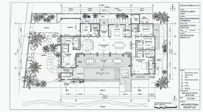 Architectural floor plan of a luxury beachfront villa with pool and landscaping