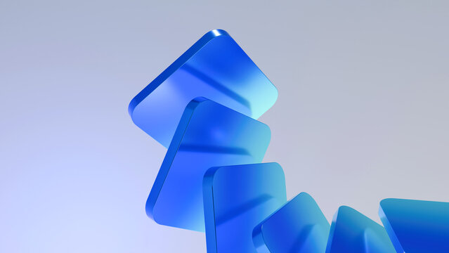 Abstract 3D render of glossy blue rounded squares stacked and curving upward on a light grey background. Minimalist tech wallpaper