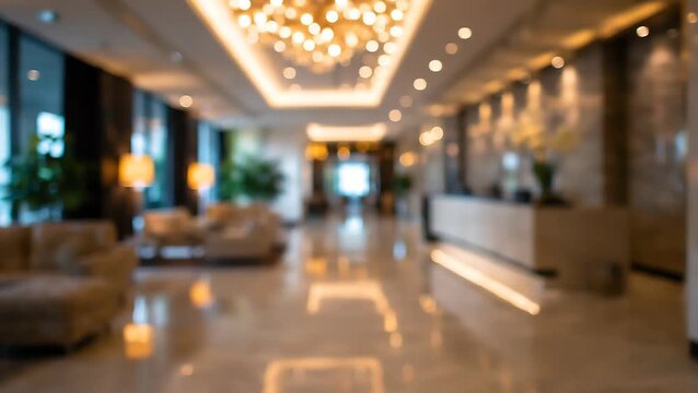 Blurred luxury hotel lobby interior with warm ambient lighting and elegant marble reception area