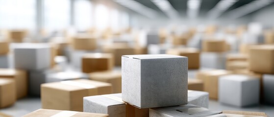 Humanitarian aid boxes stacked in organized rows with generic labels are visible in a clean warehouse, brown and grey colors