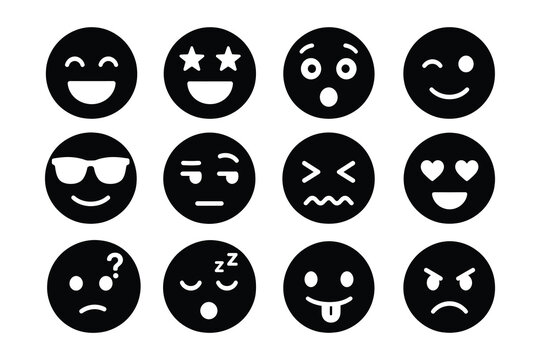 Set of circular black emoticon icons expressing different moods with emoticons expressions silhouette circular surprised sunglasses laughing confused communication interface