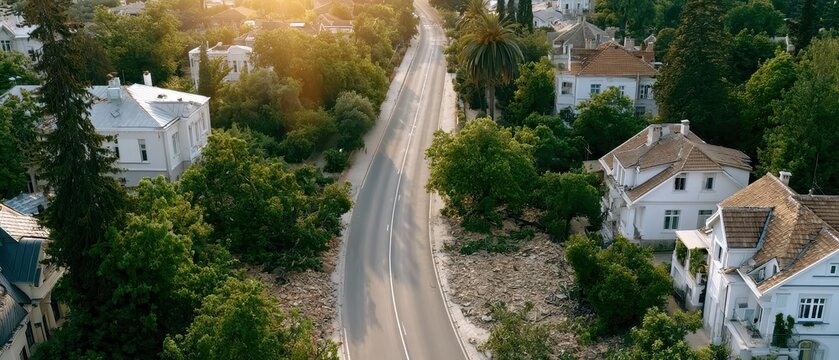 Drone view shows a winding gray road with a single yellow line cutting through a desolate rocky landscape with sparse vegetation