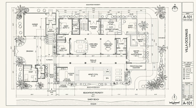 Detailed architectural floor plan for villa oceanus beachfront property