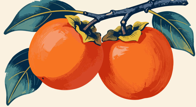 Vibrant persimmon, orange fruit, branch, leaves, vector illustration