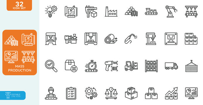Mass Production Vector illustration line editable Icons set. Robot, productive, workflow, industrial, automation, collection. on white background.
