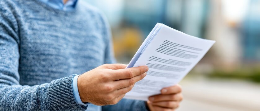 Close-up of a hand holding a folded document in a soft, neutral setting. The grip shows details and texture clearly