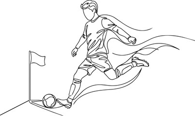Soccer player kicking ball near corner flag, dynamic line art. © MDRAFIQUL