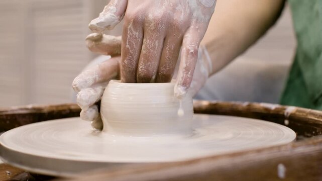 hands of a potter at work making hand made ceramic 
