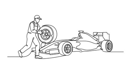 Naklejka premium Race Car Pit Stop - Mechanic Changing Tire - Continuous Line Drawing
