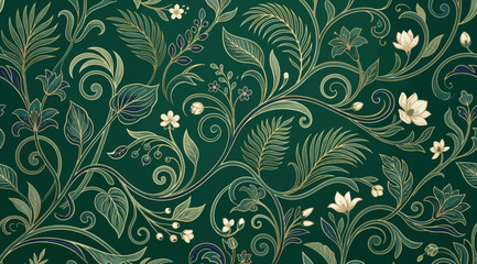 Seamless pattern with vintage floral and botanical elements on deep green background © S.Siam