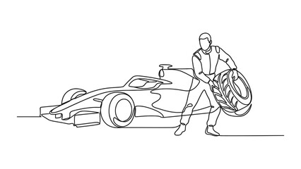 Naklejka premium Formula 1 Racer Changing Tire in Continuous Line Art Style