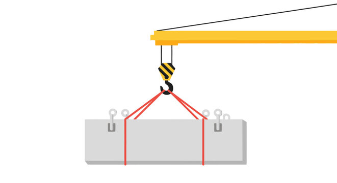 Construction Crane Lifting Concrete Beam with Red Slings