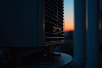 Naklejka premium Close-up view of industrial air conditioning unit with metal grilles during sunset showing mechanical and cooling system details in urban environment