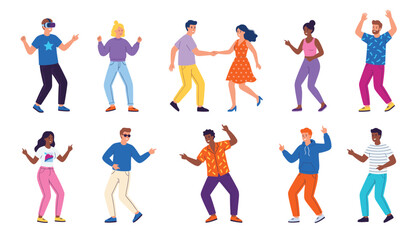 Happy diverse people dancing and partying character flat vector set. Men, women, couple, virtual reality headset, sunglasses and casual clothing.