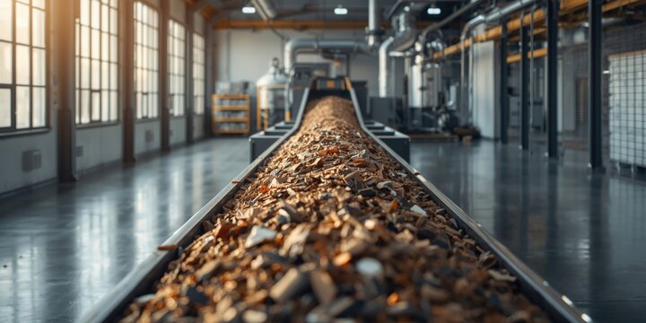 Industrial facility conveyor showcasing refuse derived fuel for green energy production
