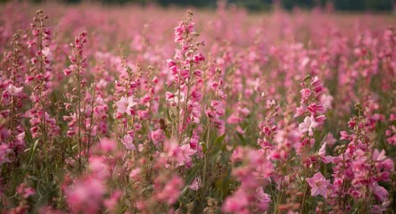 Fototapeta premium Vibrant field filled with blooming mallow flowers in shades of pink