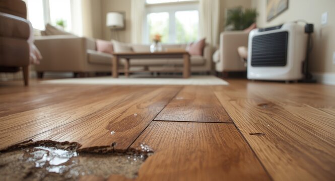 Moisture damage on hardwood flooring in living room with protective solutions for wood and laminate surfaces
