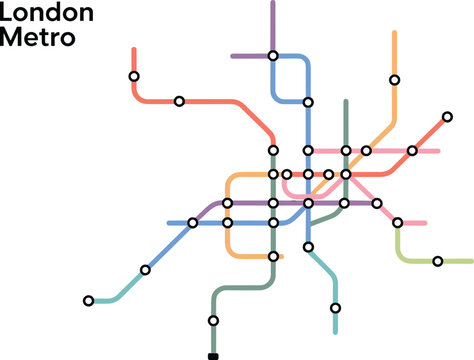 London metro underground tube map vector illustration with colorful transit lines railway tracks stations and network schema infographicLondon metro underground tube map vector illustration with color