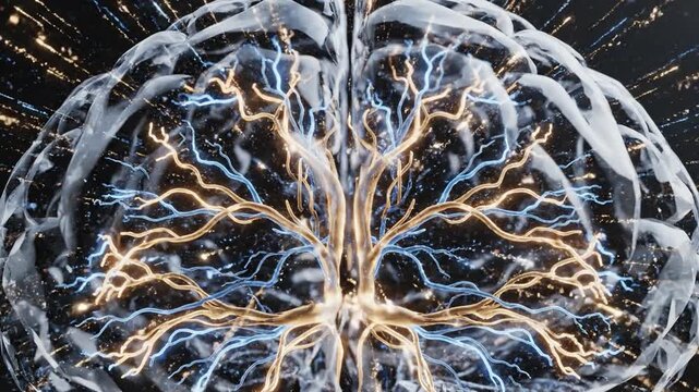 Neural network activity expanding within a transparent human brain against a dark background with energetic light pulses