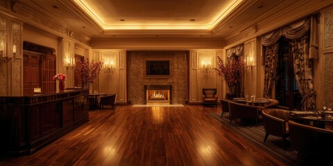 Obraz premium Elegant lounge area with fireplace and wooden flooring