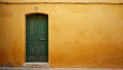 Fototapeta premium Green wooden door on a yellow wall