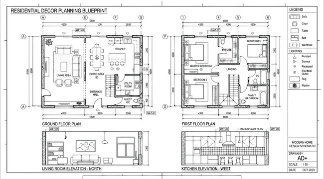 Residential interior decor planning blueprint with elevations