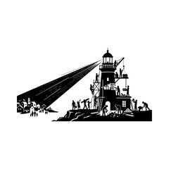 Obraz premium Lighthouse, silhouette, people working, construction site, black and white vector