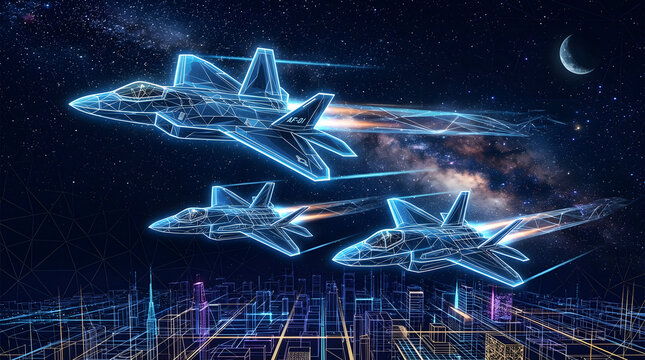 Military fighter jets flying in formation during mission