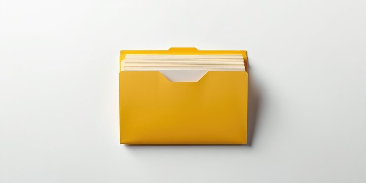 Overhead image of a yellow file folder filled with sheets isolated against white backdrop