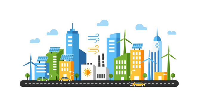 Eco-friendly city skyline with renewable energy sources and electric cars