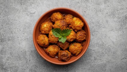 Fototapeta premium Fried potato balls served in a brown bowl