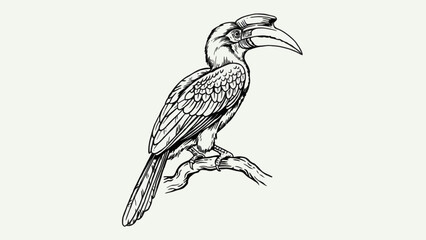 Obraz premium Hornbill bird perched on a branch in hand drawn engraving style