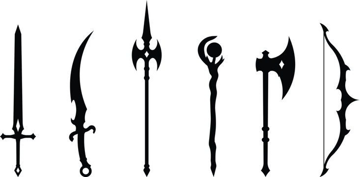 Fantasy weapon silhouette icon set with swords and battle arms, Medieval blades polearms and archery symbols, Warrior equipment collection