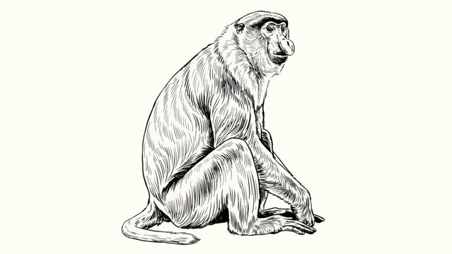 Proboscis monkey sitting in profile view with hand drawn detail