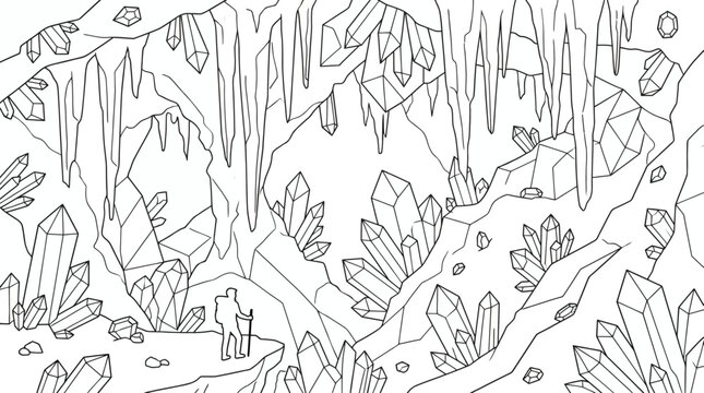 Adventurer exploring a cavern filled with giant crystals line art