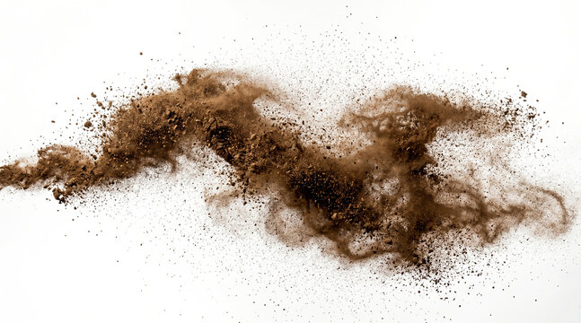 Dynamic brown soil dust explosion isolated on a white background for abstract artistic design composition