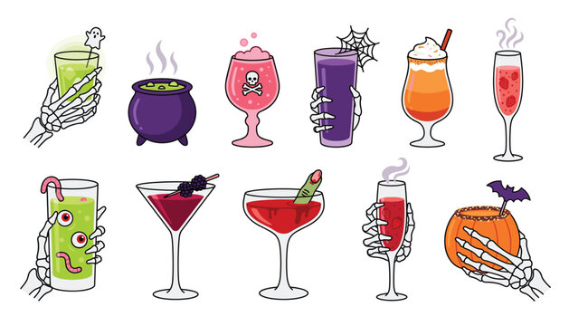 Halloween skeleton hands holding spooky cocktail drinks vector set. Cauldron, pumpkin glass, bloody martini, poison, skull, bat and zombie finger garnish.