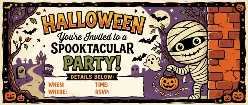 Spooktacular Halloween Party Invitation: A fun and spooky Halloween party invitation featuring a cartoon mummy holding a pumpkin bucket, spooky bats, ghosts, tombstones, and a haunted house.