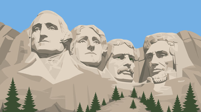 Illustration of Mount Rushmore with presidential faces and pine trees against a blue sky