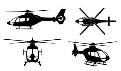 Black Business Helicopter Silhouette Collection with Multiple Views Detailed Aviation Vector © Md Humaun