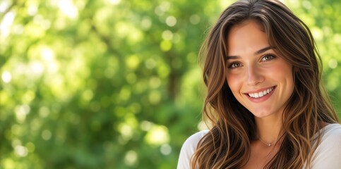 Naklejka premium Portrait of a smiling young woman looking at camera. Happy female with wavy brown hair in a green park. Blurred nature background with bokeh and copy space for text