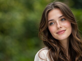 Fototapeta premium Smiling young woman looking away in nature. Close up portrait of a happy female with wavy brown hair against a blurred green park background. Copy space for text