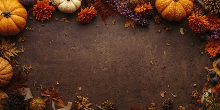 Vertical autumn background showcasing pumpkins and seasonal flowers with decorative fall elements on a brown surface