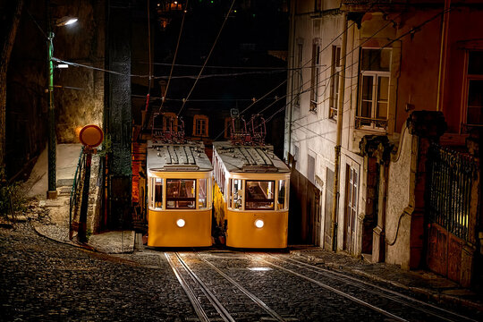 Historic lisbon funicular street tram, selective focus