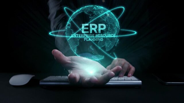 ERP platform visual showing centralized system for enterprise resource planning, improving integration, data flow, business efficiency, finance, inventory, and human resources. Elide