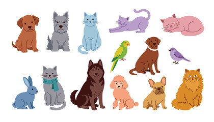 Domestic pets and cute veterinary clinic animals cartoon vector set. Dogs, cats, puppy, kitten, rabbit, parrot, birds, poodle, husky and french bulldog. © Creative Studio 