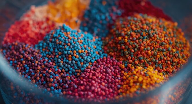 Colorful masterbatch granules in a lab vessel displaying diverse pigments for polymer design