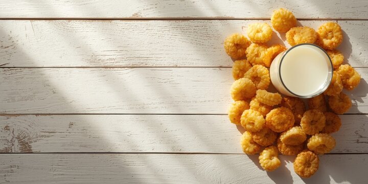 Bowl of milk with corn puffs on a wooden table